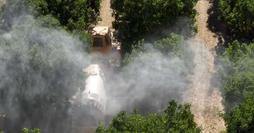 OMC AR-500 autonomously spraying in a 3,200-acre pistachio farm.